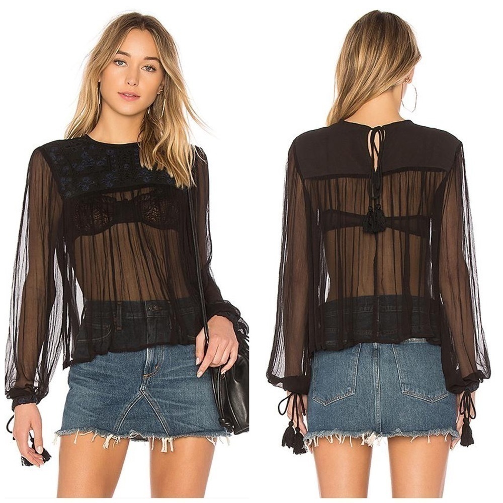 Free People Retro Femme Blouse Embroidered Beaded Black XS Sheer